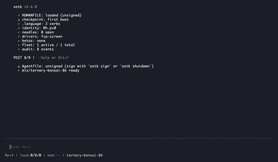 Terminal recording: two-turn conversation in ostk tui with Ternary-Bonsai-8B running on the kernel's native MLX driver — first an explanation of how Apple's mlx framework runs quantized models, then a small Python magic 8 ball script.